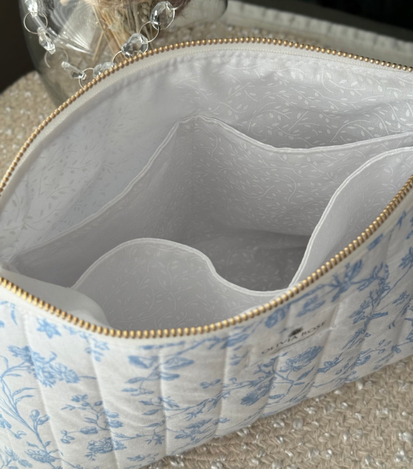 Blue Filigree Quilted Medium Toiletries Bag