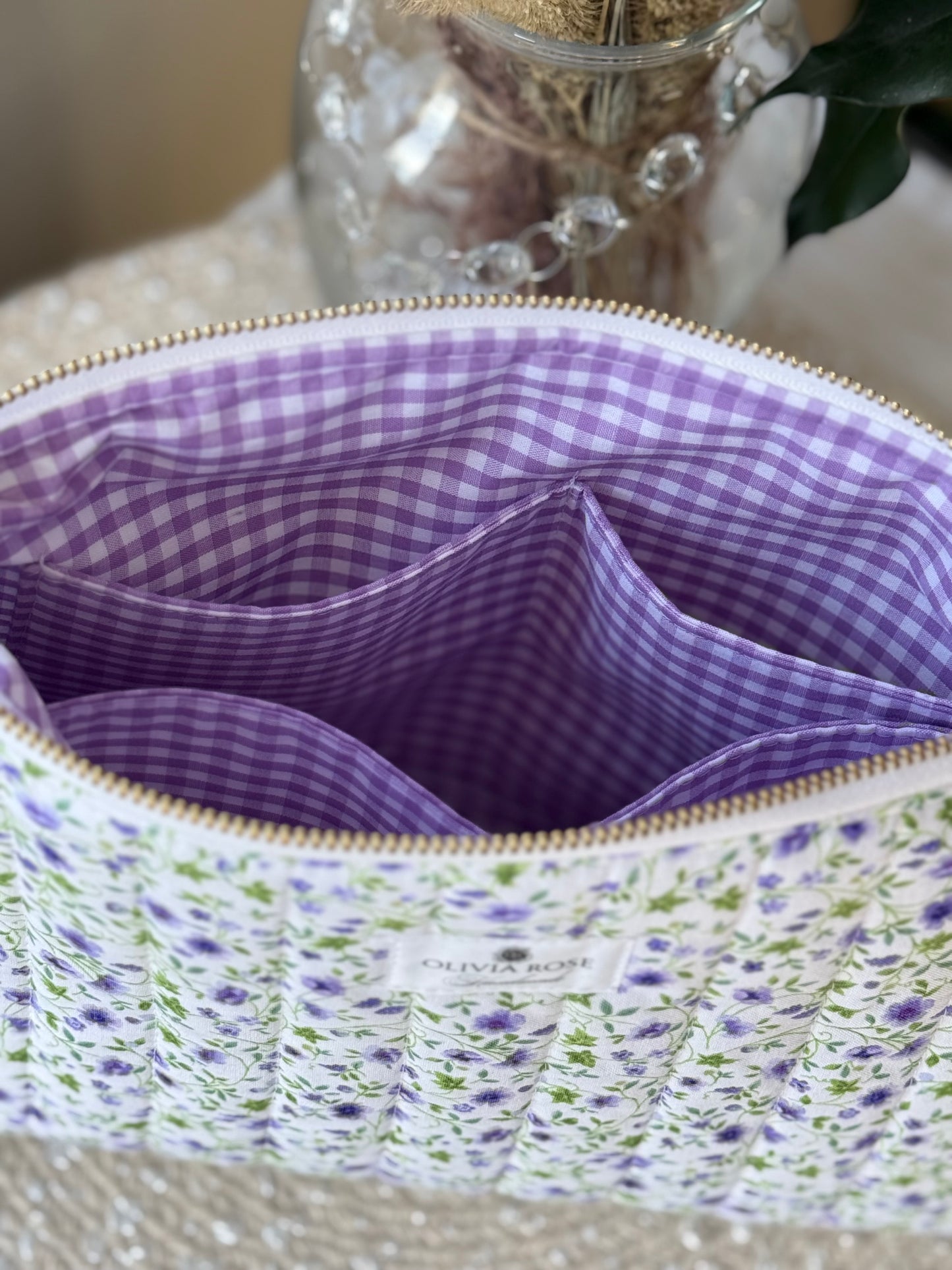 Violet Floral Quilted Medium Toiletries Bag