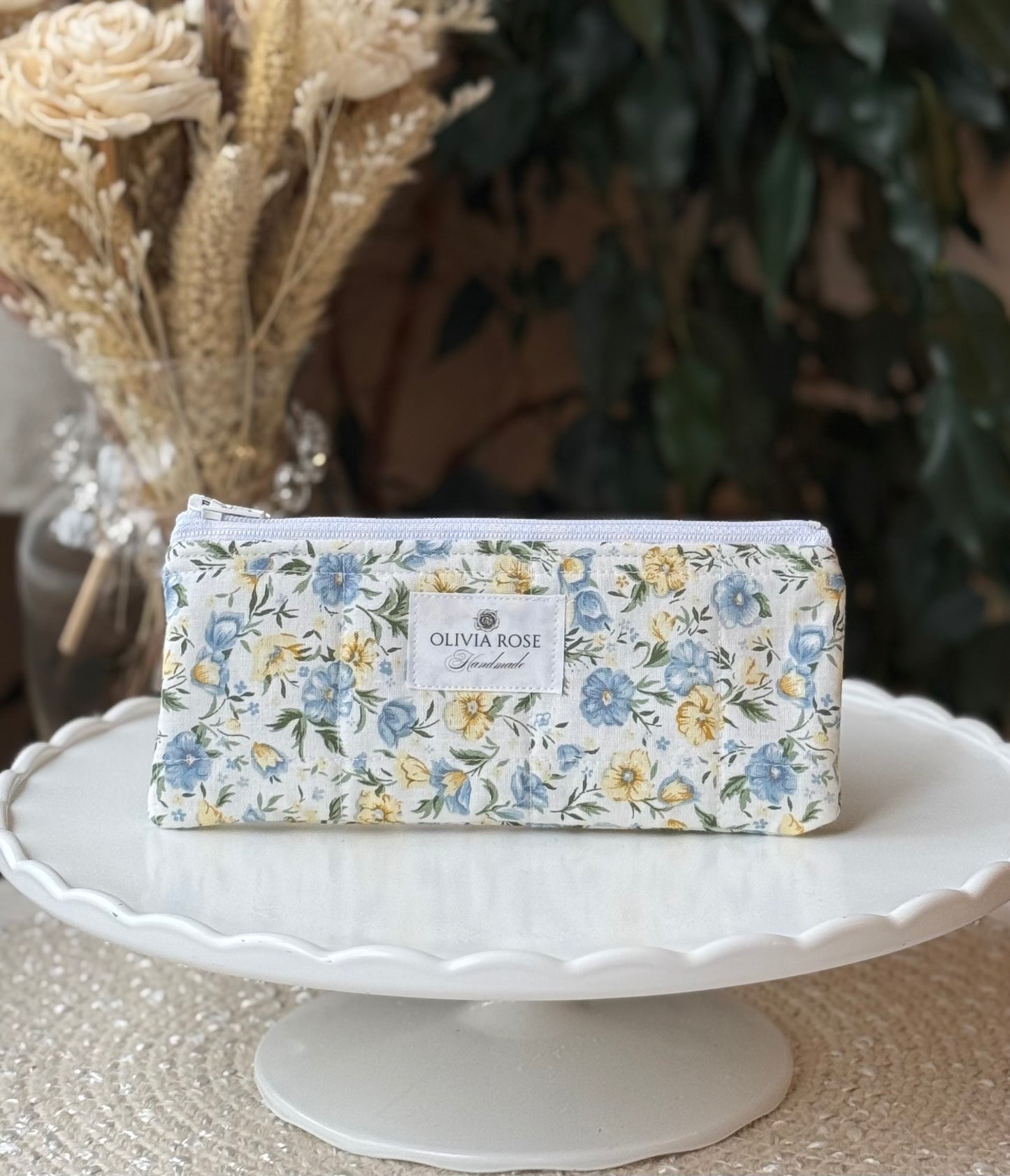 Blue and Yellow Floral Quilted Small Pouch