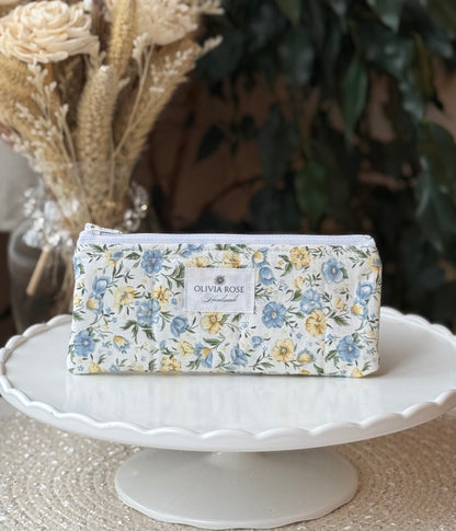 Blue and Yellow Floral Quilted Small Pouch