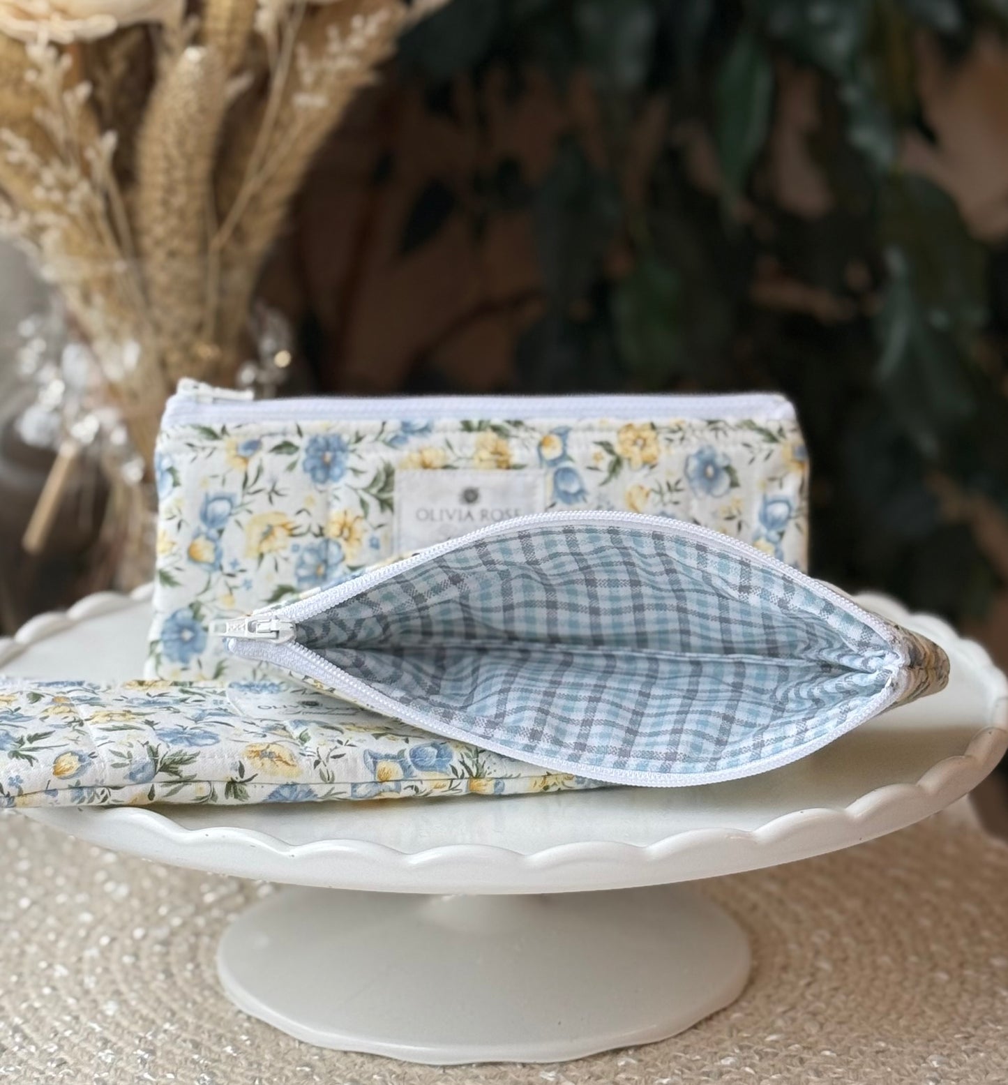 Blue and Yellow Floral Quilted Small Pouch