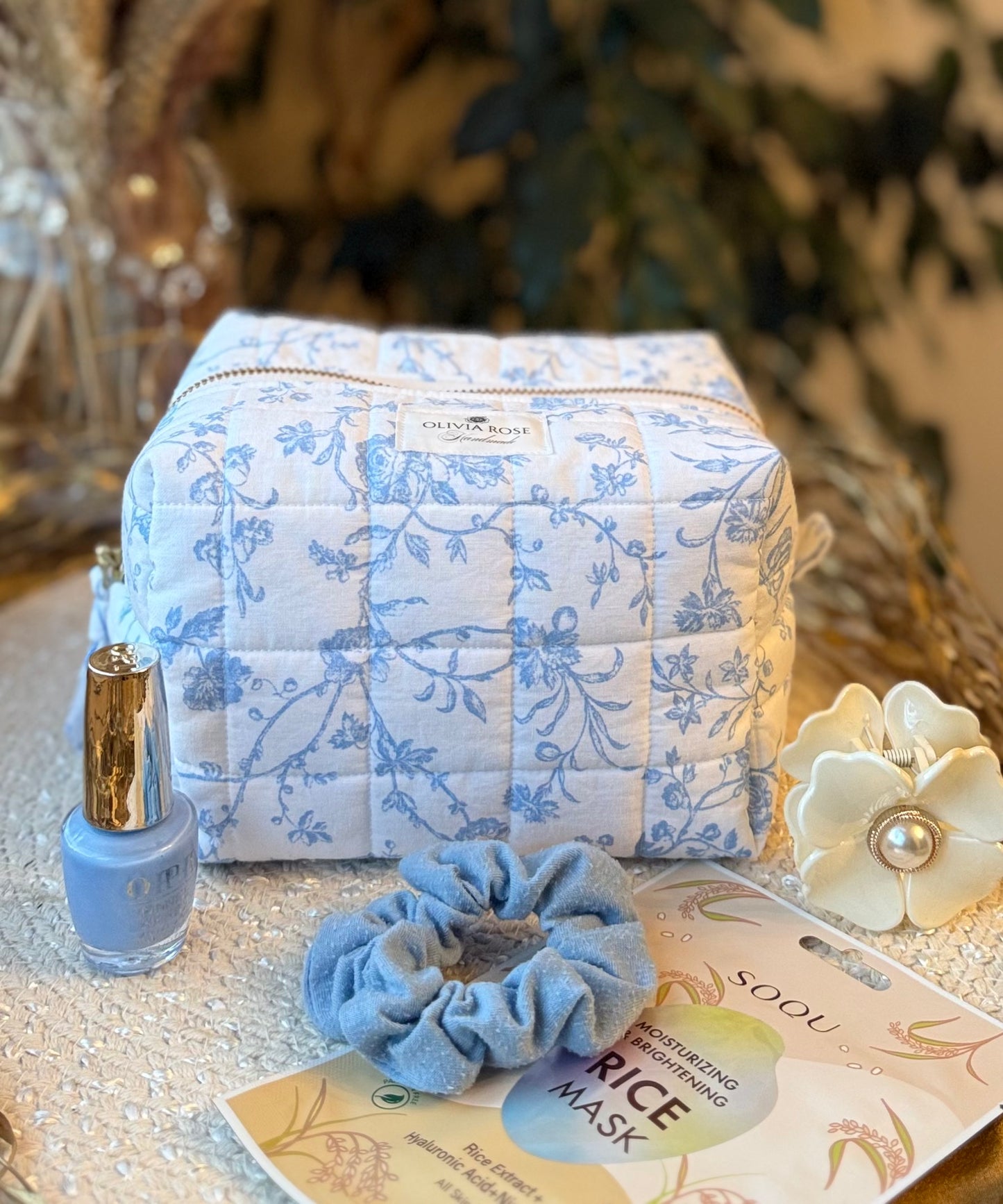 Blue Filigree Medium Makeup Bag