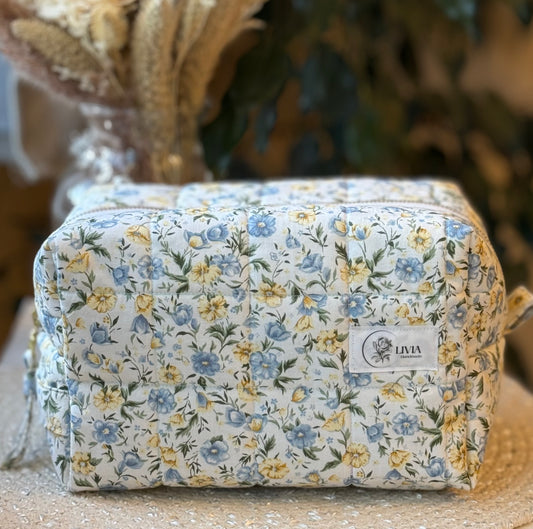 Blue and Yellow Floral Large Makeup Bag