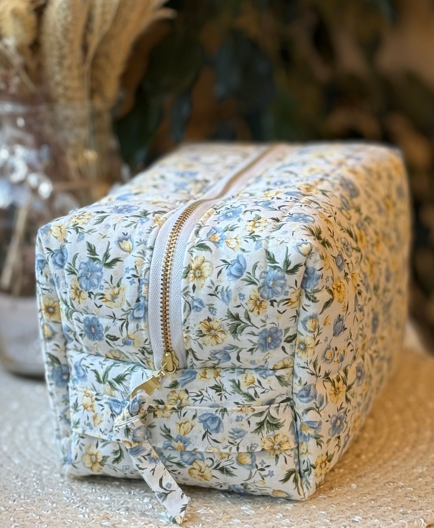 Blue and Yellow Floral Large Makeup Bag