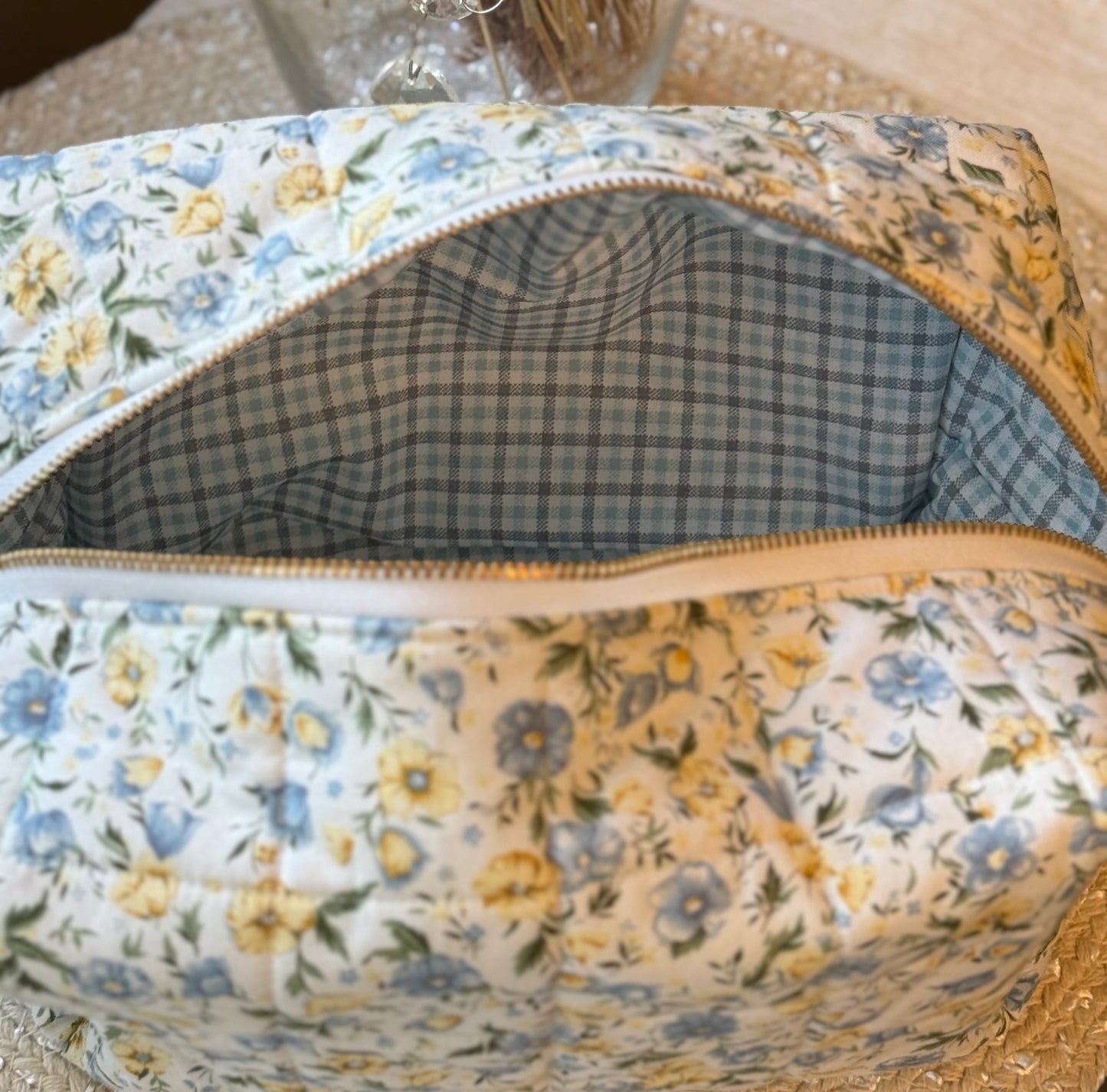 Blue and Yellow Floral Large Makeup Bag