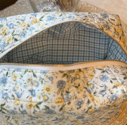 Blue and Yellow Floral Large Makeup Bag