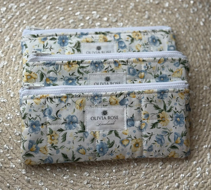 Blue and Yellow Floral Quilted Small Pouch