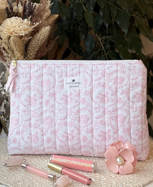 Pink Filigree Quilted Toiletries Bag Size Medium