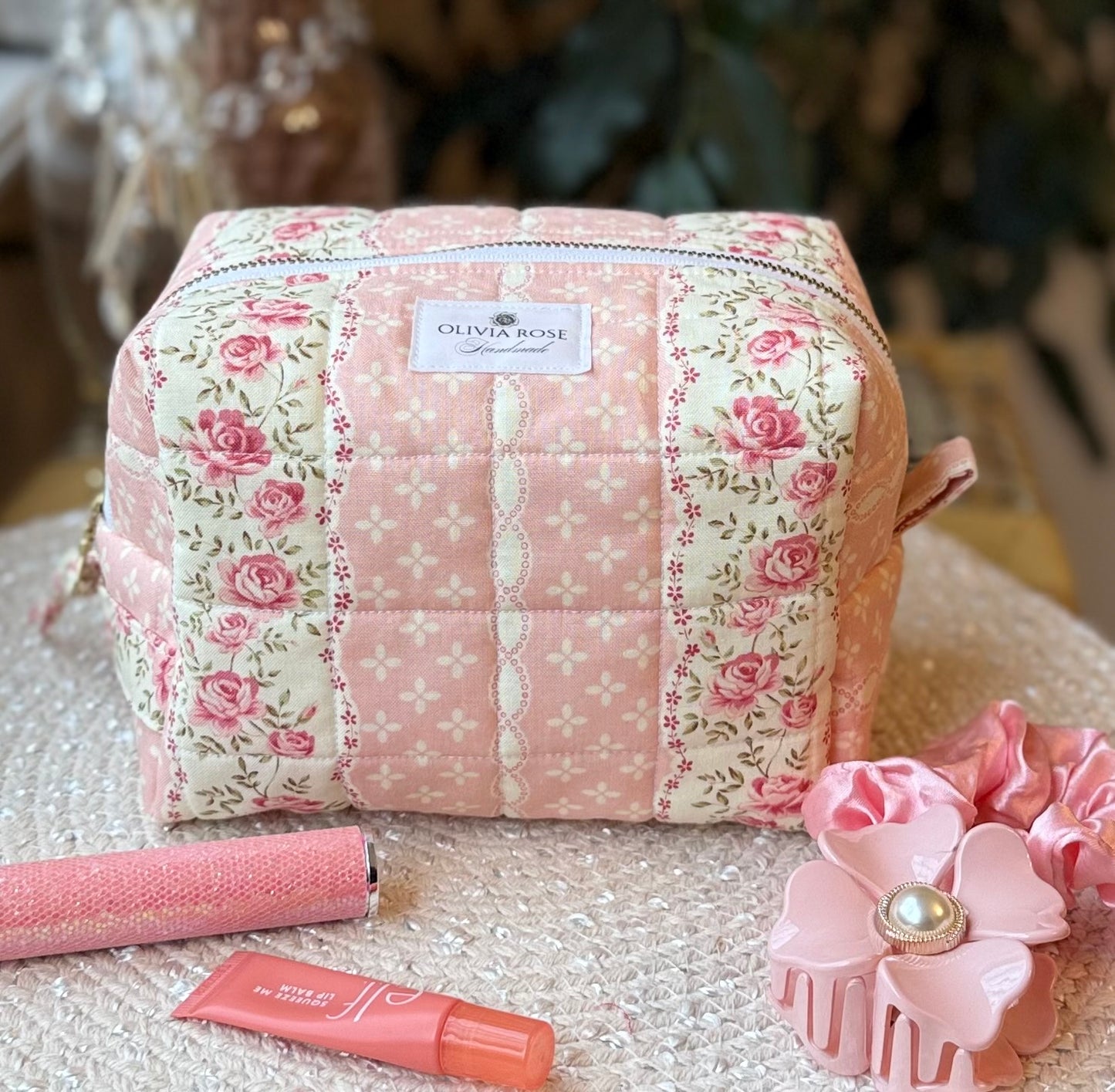 Rows of Roses Quilted Medium Makeup Bag