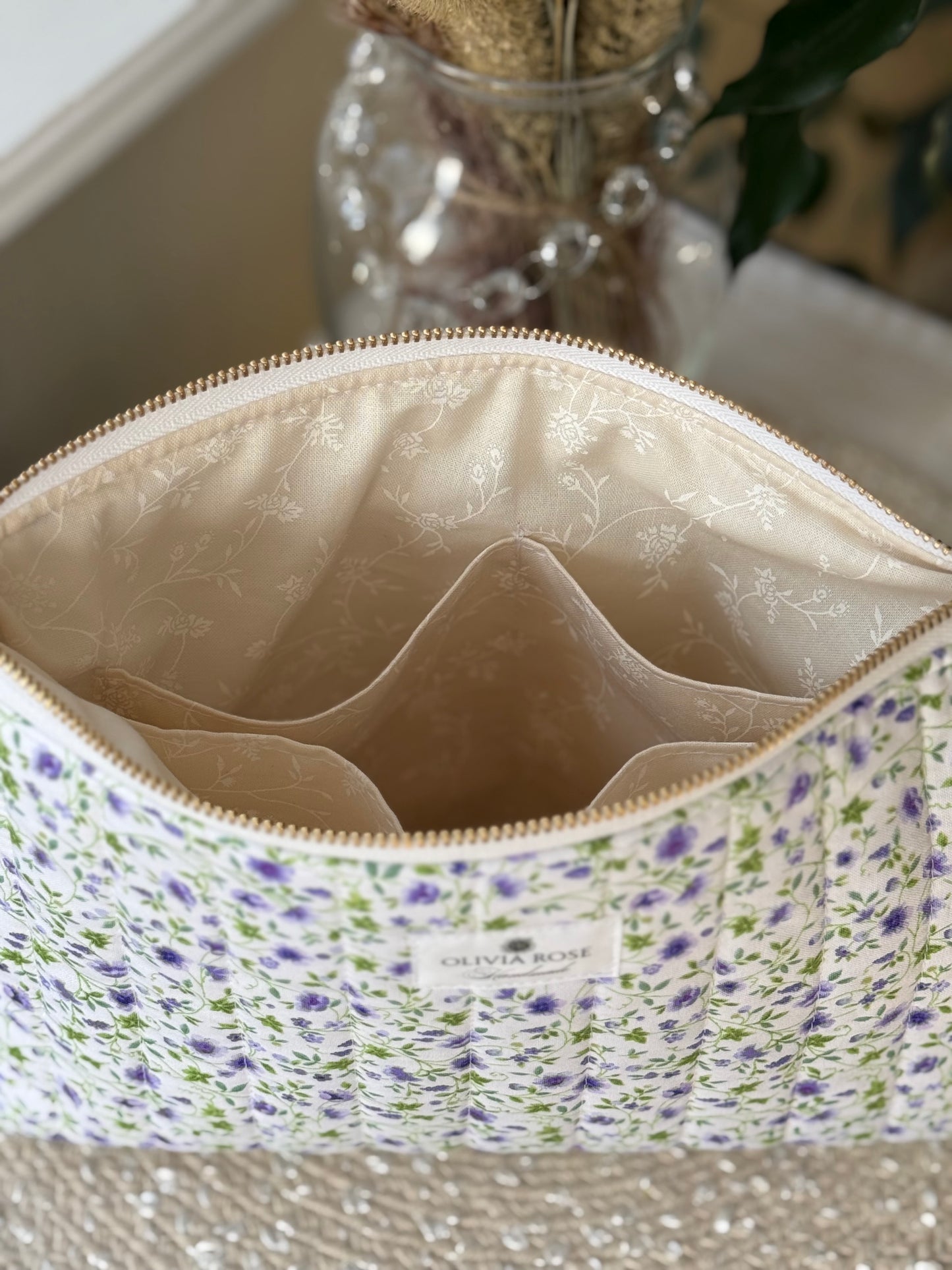 Violet Floral Quilted Medium Toiletries Bag
